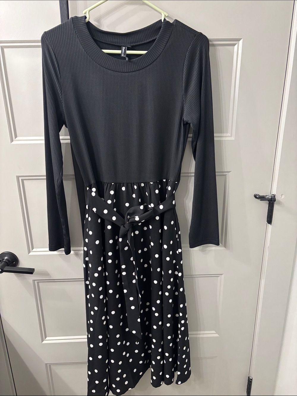 Black Long Sleeve Polka Dot Midi Dress with Waist Tie